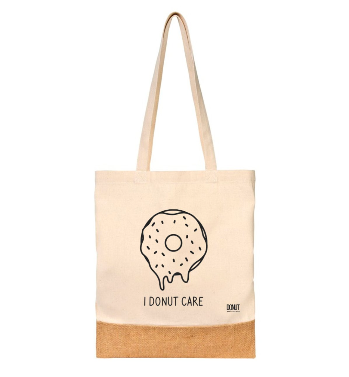 Tote bag donut "I donut care". Fond en jute le reste en coton beige. Un donut dessiné en noir.