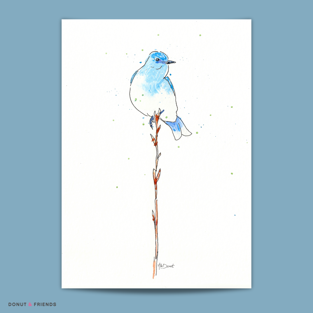 Aquarelle Originale - Oiseau Bleu