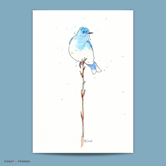 Aquarelle Originale - Oiseau Bleu