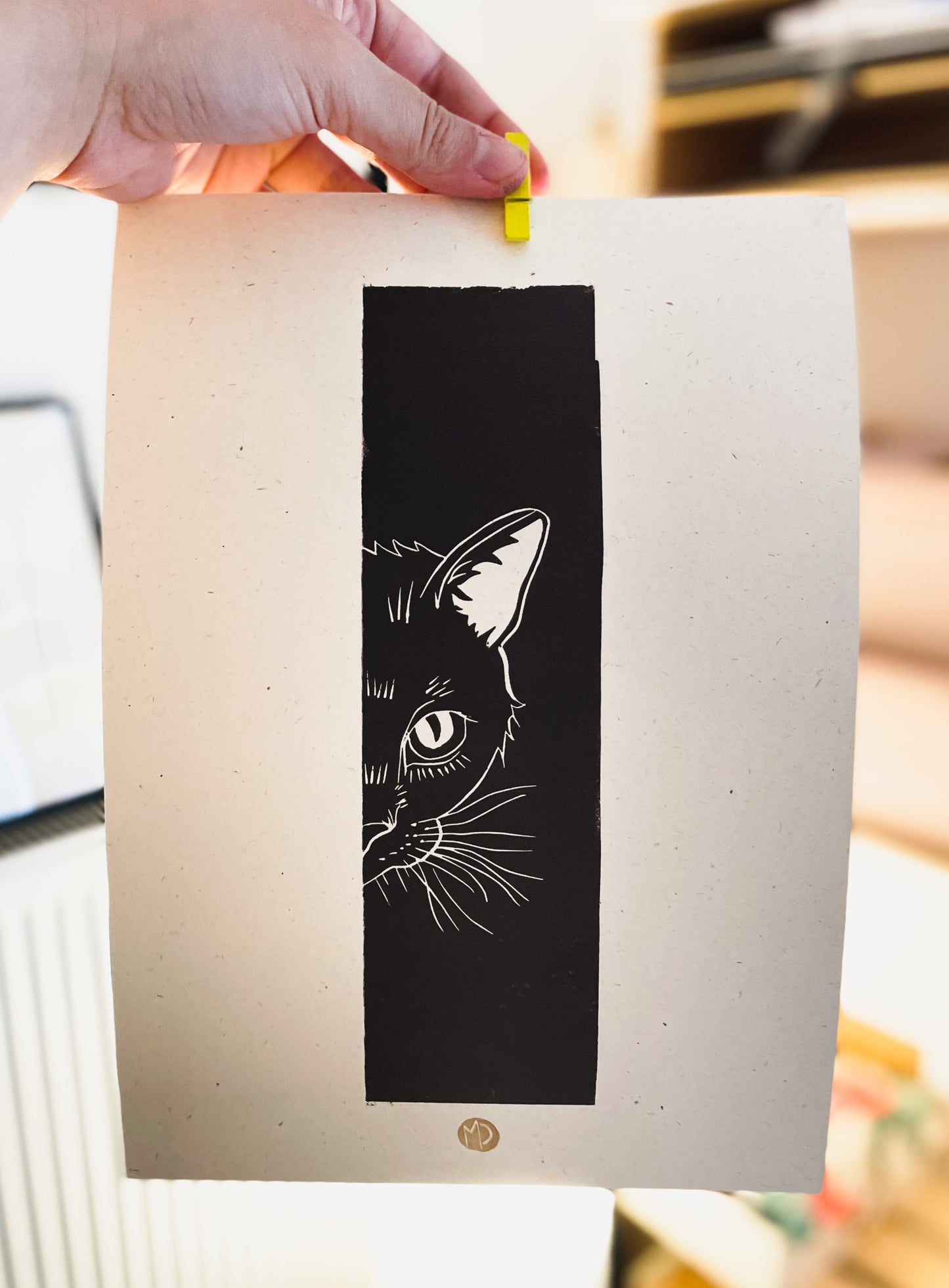 Cat on black background - Original linocut