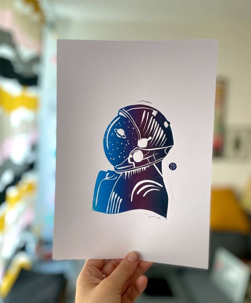 Astronaute Bleu - Linogravure Originale (Réservés)