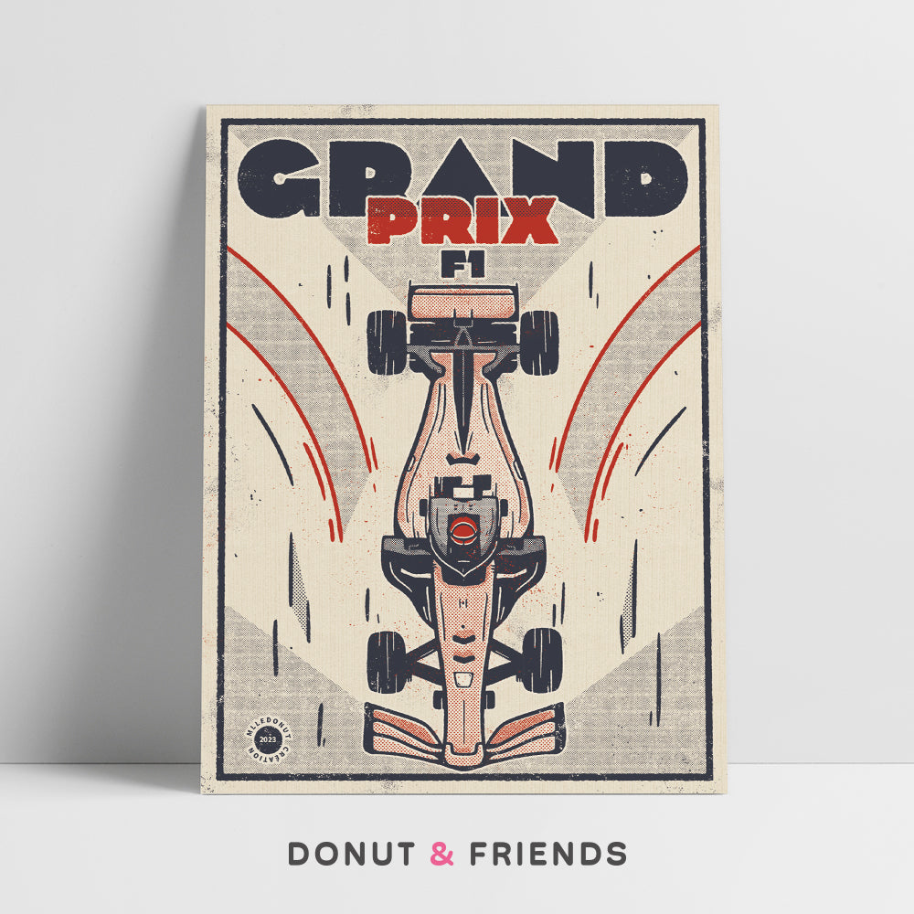 Affiche F1 vintage, voiture de formule 1 avec le titre de style art nouveau "Grand Prix F1"