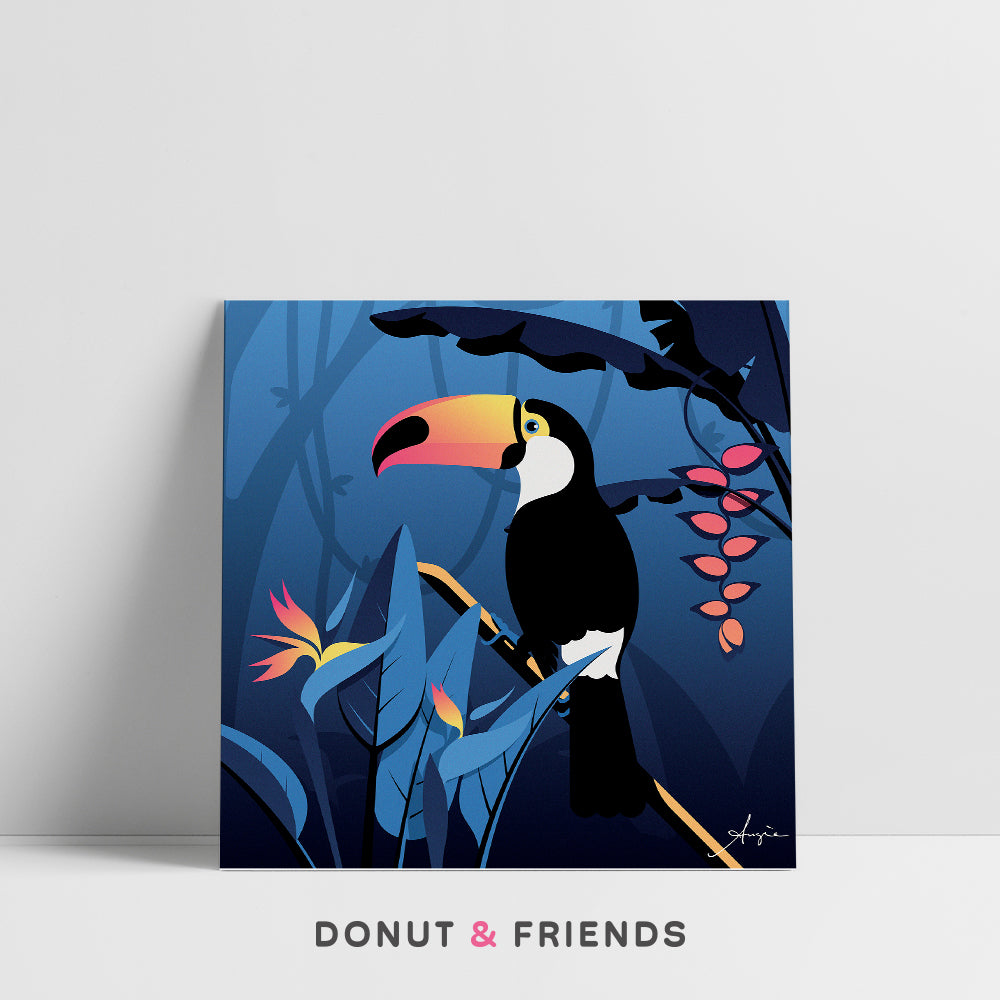 Affiche toucan dans la jungle sur fond bleu