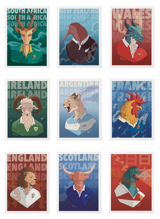 Lot 9 affiches rugby, les grandes nations du rugby