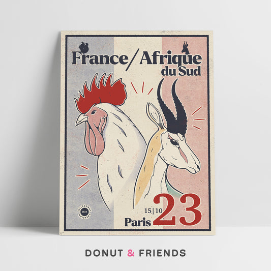 Affiche rugby coupe du monde France Afrique du Sud. Un coq et une gazelle. Affiche de style vintage