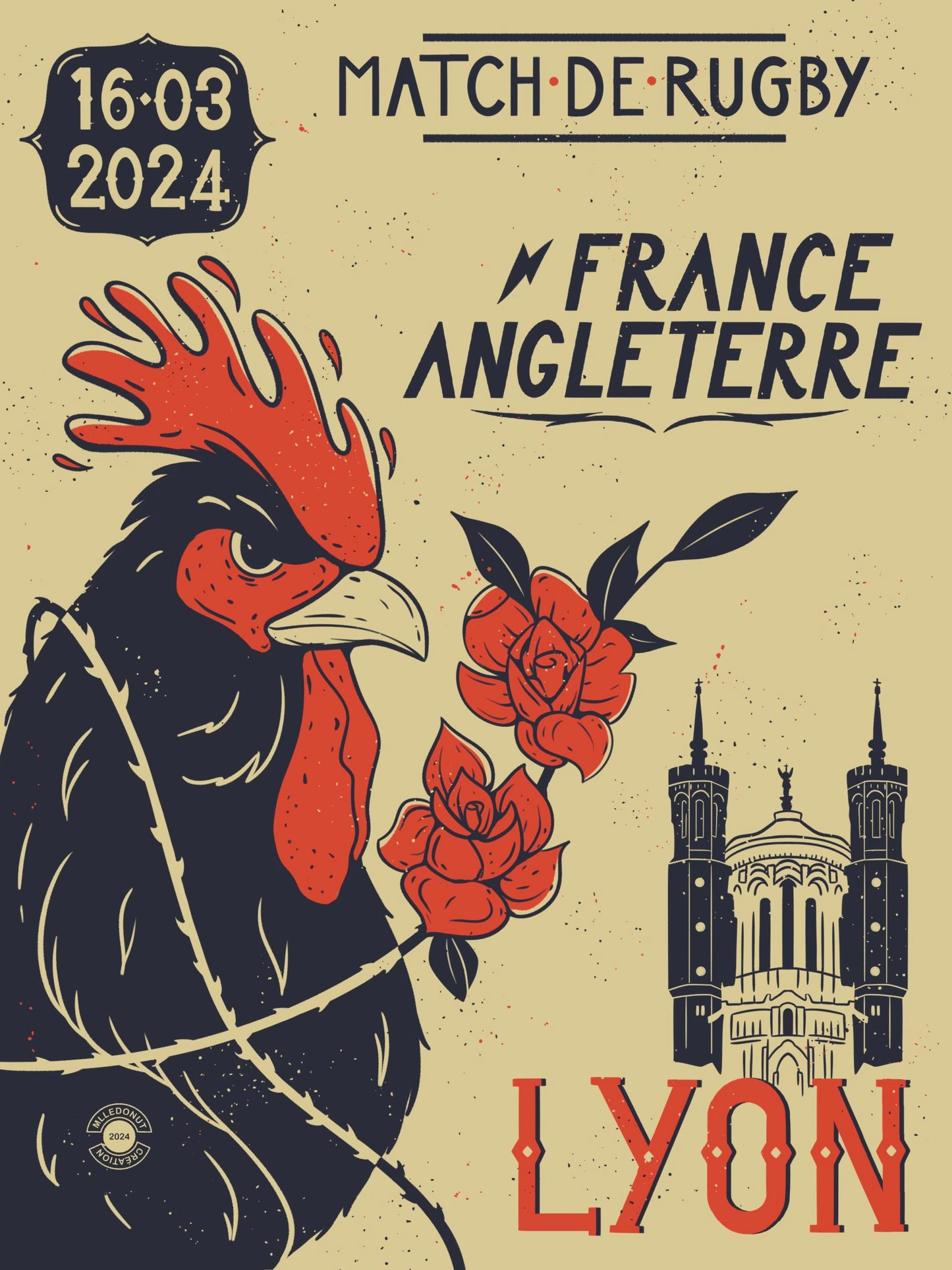 Affiche rugby France Angleterre coq et rose style vintage