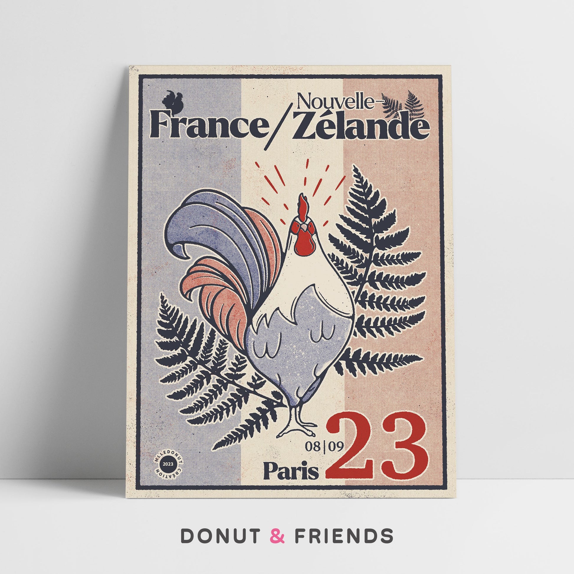 affiche rugby france nouvelle zélande, coq et fougère, style vintage