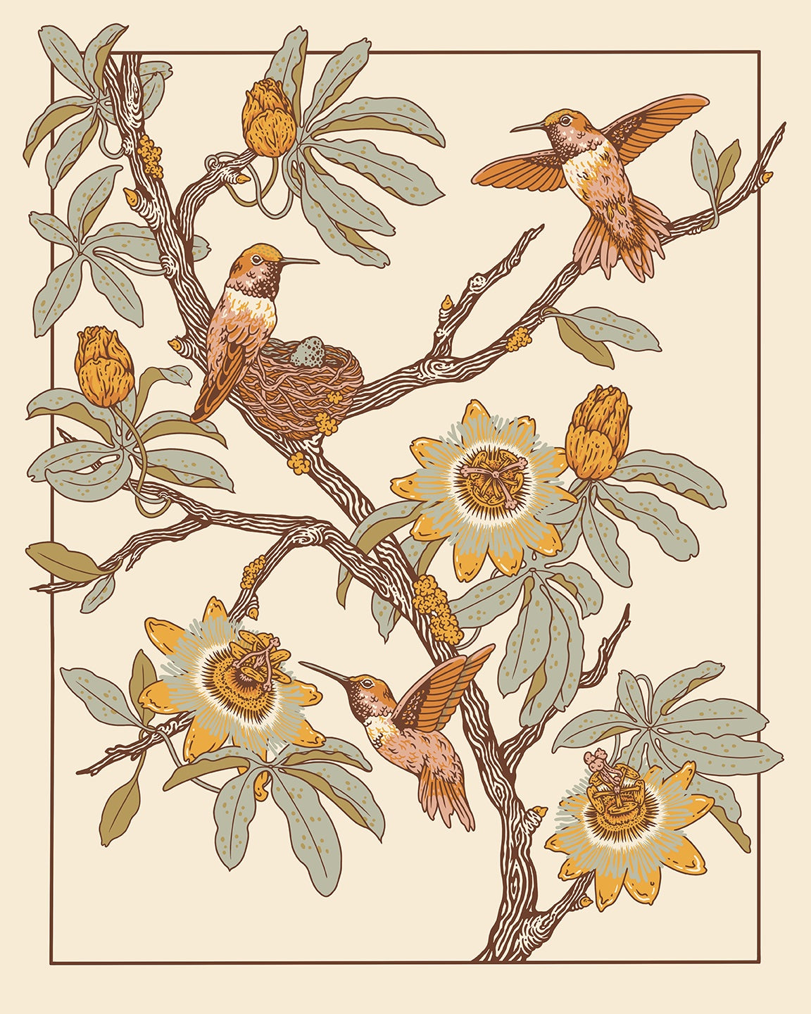 Affiche Nature Vintage Colibri. Sur fond beige, branche d'arbre et 3 colibris