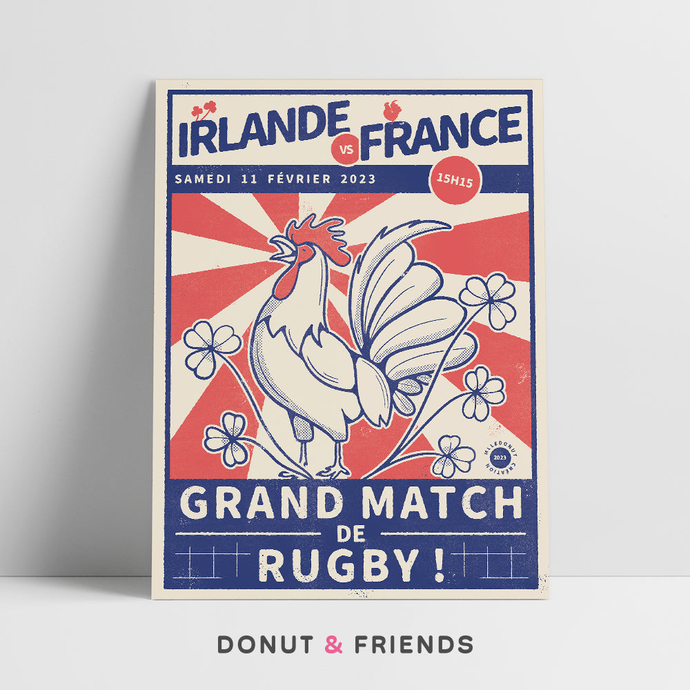 Affiche rugby Irlande / France coq et trèfles à 4 feuilles