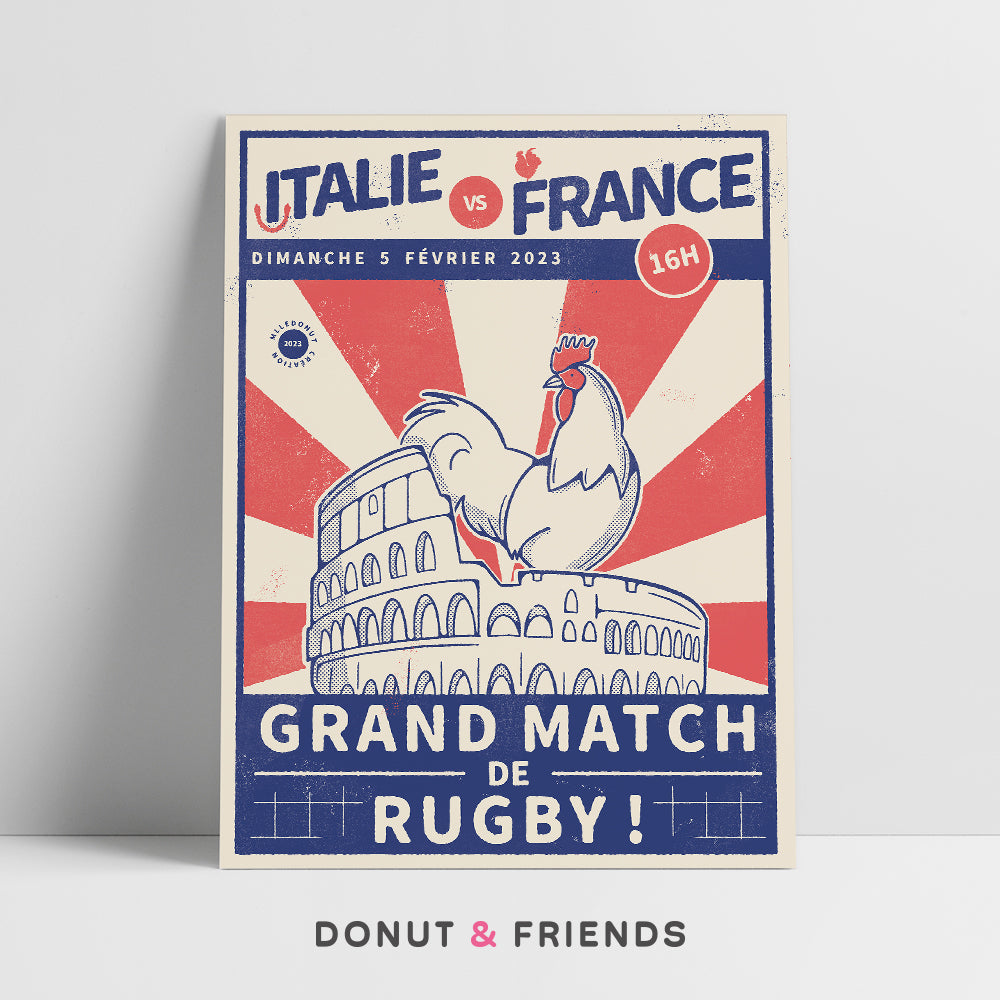 Affiche rugby Italie/France coq et Colysée