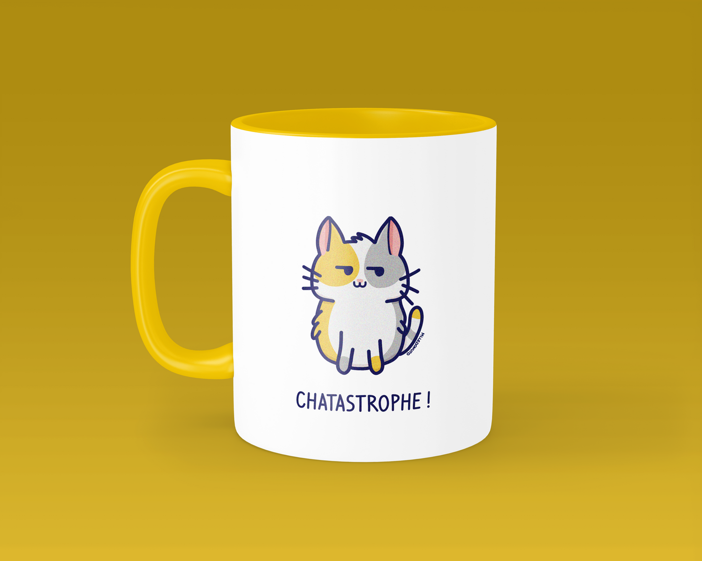 Mug Chat jaune et blanc inscription Chatastrophe