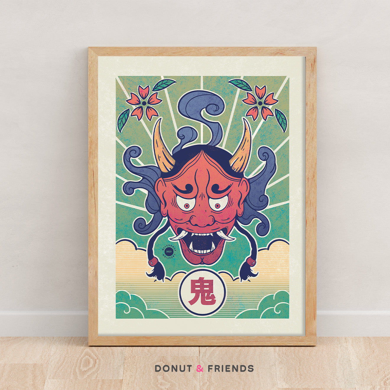 Affiche japonaise masque oni sur fond vert et beige encadré