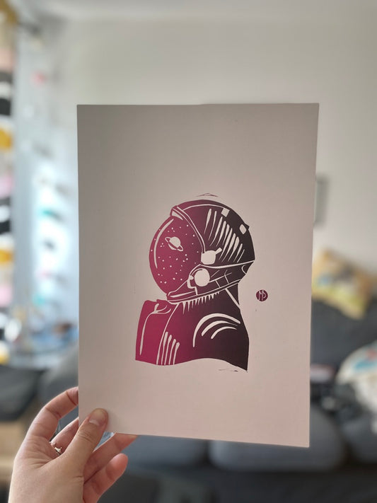 Pink Astronaut - Original Linocut