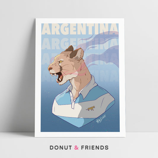 Affiche rugby Argentine, Puma portant le maillot de l'équipe tout en rugissant. Sur fond bleu