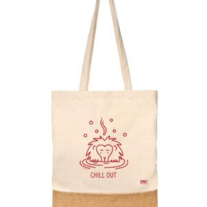 Tote bag japonais singe source chaude dessiné en rouge, inscription "chill out"