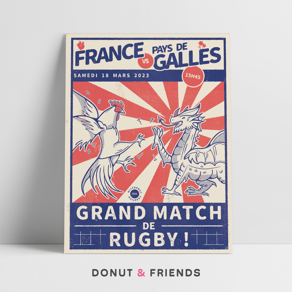 Affiche rugby France Pays de Galles coq et dragon