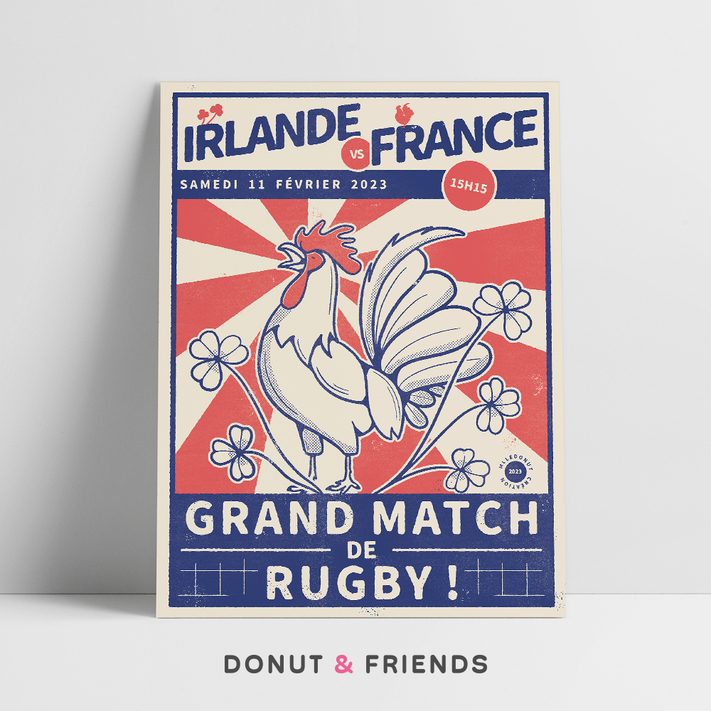 Affiche rugby Irlande / France coq et trÃ¨fles Ã  4 feuilles