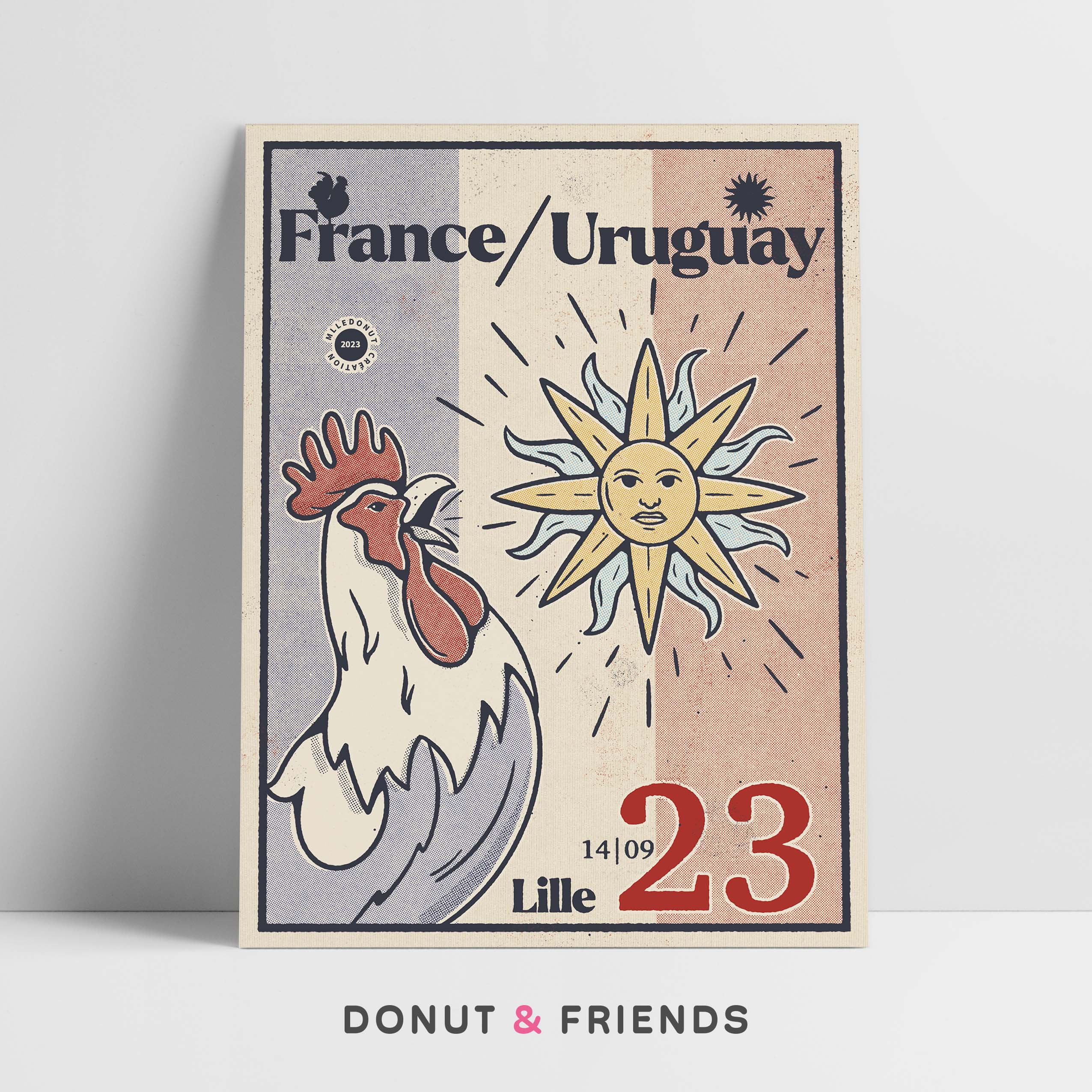 Affiche rugby vintage France uruguay, coq et soleil