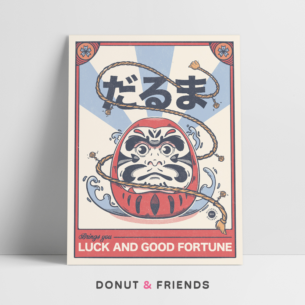Affiche japonaise vintage daruma avec l'inscription "Brings you luck and good fortune"